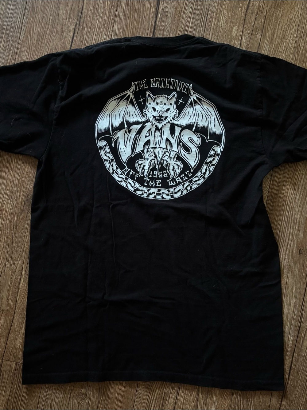 Vans Black Short Sleeve Tee with White Bat Crest Graphic